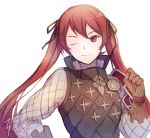  1girl armor fire_emblem fire_emblem_fates gloves hair_ribbon leather leather_gloves long_hair one_eye_closed red_eyes red_hair ribbon selena_(fire_emblem_fates) shirt shoulder_armor smile solo twintails upper_body vest white_background yukimiyuki 