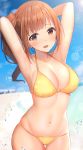  1girl :d armpits arms_up ass_visible_through_thighs bangs beach bikini blue_sky blurry blurry_background blush breasts brown_eyes brown_hair cleavage collarbone commentary_request cowboy_shot day depth_of_field eyebrows_visible_through_hair highres idolmaster idolmaster_cinderella_girls igarashi_kyouko long_hair looking_at_viewer medium_breasts navel ocean open_mouth outdoors side_ponytail skindentation sky smile solo splashing stomach swimsuit thigh_gap u_rin water yellow_bikini 