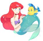 air_bubble ariel_(disney) bare_arms bare_shoulders bikini blue_eyes breasts bright_pupils bubble cleavage commentary english_commentary eyes_visible_through_hair fish flounder_(the_little_mermaid) fork halphelt hat_ornament highres holding holding_fork long_hair medium_breasts mermaid monster_girl navel purple_bikini red_hair shell shell_bikini simple_background smile star_(symbol) star_hat_ornament swimsuit the_little_mermaid white_background white_pupils 