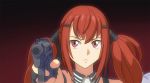  1girl aiming aiming_at_viewer bangs black_background commentary_request cz-75 cz-75_(girls_frontline) end_of_evangelion girls_frontline gradient gradient_background gun hair_ornament hairclip handgun holding holding_gun holding_weapon long_hair neon_genesis_evangelion parody red_background red_eyes red_hair scene_reference sidelocks solo tab_(tabkun) twintails weapon 