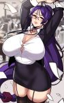  1girl absurdres alecto_0 arms_up bangs blush breasts button_gap cleavage collared_shirt dress_shirt fate/grand_order fate_(series) highres jacket large_breasts long_hair long_sleeves looking_at_viewer minamoto_no_raikou_(fate/grand_order) office_lady open_clothes open_jacket parted_bangs pencil_skirt purple_eyes purple_hair shirt skirt smile very_long_hair white_shirt 