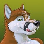  1:1 2019 absurd_res anthro black_nose bodily_fluids bust_portrait canid canine cum cum_on_face cum_on_tongue digital_media_(artwork) fox fur genital_fluids gradient_background green_background green_eyes half-closed_eyes hi_res licking licking_lips licking_own_lips looking_at_viewer male mammal messy multicolored_body multicolored_fur narrowed_eyes portrait self_lick simple_background solo tongue tongue_out virtyalfobo 