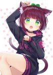  1girl :o absurdres animal_ear_fluff animal_ears bangs bare_legs black_jacket black_skirt blush cat_ears cat_tail character_name collarbone cowboy_shot earrings extra_ears green_eyes hands_up highres hood hooded_jacket ikazu401 jacket jewelry legs_up looking_at_viewer nagisa_arcinia neck_ring nijisanji nijisanji_id paw_pose pink_stripes polka_dot red_hair short_hair simple_background skirt sleeves_past_wrists solo tail thighs white_background 