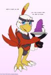  anthro avian beak belt blue_eyes blush bulge claws digimon digimon_(species) dildo english_text feathers hawkmon head_markings holding_object male markings open_mouth plate red_body red_feathers sex_toy spelunker_sal tail_feathers text toe_claws white_body white_feathers yellow_body 