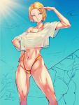 1girl android_18 bikini blonde_hair blue_eyes blue_sky breasts collage commentary_request crop_top crop_top_overhang day dragon_ball dragon_ball_z forehead hand_on_hip kyuuakaku large_breasts lowleg lowleg_bikini navel off-shoulder_shirt off_shoulder oversized_clothes shading_eyes shirt short_hair sketch sky solo swimsuit thick_thighs thighs wet wet_clothes wet_shirt wet_t-shirt yellow_bikini 