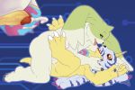  3:2 anal animal_skin blue_body blue_fur bodily_fluids claws cum cum_in_ass cum_inside digimon digimon_(species) fingers fur gabumon gargomon genital_fluids green_body green_fur half-closed_eyes hi_res horn lagomorph leporid long_ears male male/male mammal narrowed_eyes purple_claws rabbit reptile scalie sex shadowpelt teeth toe_claws tongue 