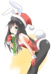  1girl absurdres animal_ears asashio_(kantai_collection) black_hair black_legwear blue_eyes bunny_ears bunny_tail cowboy_shot fur-trimmed_gloves fur-trimmed_headwear fur-trimmed_leotard fur_trim gloves hat highres kantai_collection leotard long_hair looking_at_viewer mouth_hold pantyhose playboy_bunny red_gloves red_headwear red_leotard santa_hat single_sock socks solo standing strapless strapless_leotard tail taisinkoku white_background 