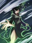  1girl black_dress breasts dress feet_out_of_frame floating_hair green_eyes green_hair green_outline highres looking_at_viewer one-punch_man outline parted_lips signature small_breasts solo tatsumaki toot wind 