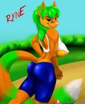  absurd_res anthro bottomwear butt canid canine clothing female fox gym_bottomwear gym_clothing gym_shorts hi_res looking_at_viewer mammal nipples shorts smartwhitefang solo 