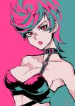  1girl absurdres aqua_background bare_shoulders breasts choker cleavage collarbone highres jojo_no_kimyou_na_bouken large_breasts limited_palette looking_at_viewer pink_background pink_eyes pink_hair pink_lips samidare_satsuki shadow short_hair signature solo trish_una two-tone_background upper_body vento_aureo 
