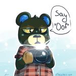  1:1 2020 animal_crossing anthro black_nose brown_body brown_fur camera fur grizzly_(animal_crossing) male mammal nintendo slightly_chubby solo text toaster_aaa ursid video_games 