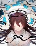  1girl absurdres black_ribbon blue_butterfly brown_hair bug butterfly canarinu closed_eyes hair_between_eyes highres insect long_hair long_sleeves neck_ribbon original ribbon shirt solo tagme white_shirt 