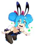  1girl alternate_costume alternate_hairstyle animal_ears aqua_eyes aqua_hair arm_strap bare_shoulders bicute_bunnies_miku black_legwear black_neckwear blue_footwear blush blush_stickers braid breasts bunny_ears bunny_tail cleavage commentary detached_collar double_bun dress english_commentary eyebrows_visible_through_hair fake_animal_ears fake_tail fishnet_legwear fishnets from_above full_body hair_between_eyes halphelt hatsune_miku heart leotard looking_at_viewer medium_breasts medium_hair necktie off-shoulder_dress off_shoulder open_mouth pantyhose playboy_bunny short_necktie simple_background smile solo sparkle strapless strapless_leotard tail teeth vocaloid white_background wrist_cuffs 