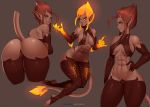  big_butt breasts bubble_butt butt clothed clothing demon digital_media_(artwork) doomthewolf female fire hair hi_res horn humanoid humanoid_pointy_ears lava lava_skin looking_at_viewer looking_back muscular muscular_female muscular_humanoid presenting presenting_hindquarters side_boob simple_background solo under_boob 