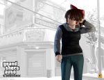 1girl bangs black_sweater blue_pants bow breasts brown_eyes brown_hair building cigarette closed_mouth commentary_request cookie_(touhou) cowboy_shot eyebrows_visible_through_hair flour grand_theft_auto grand_theft_auto:_san_andreas grey_background grey_sweater hair_between_eyes hair_bow hair_tubes hakurei_reimu hand_in_hair highres kofji_(cookie) looking_at_viewer maru_(cookie) megafaiarou_(talonflame_810) milk nazrin pants red_bow short_hair smoking solo supermarket sweater touhou trash_can tree two-tone_sweater 