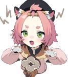  1girl absurdres animal_ears bangs_pinned_back black_headwear blush cat_ears cat_girl cropped_torso diona_(genshin_impact) fangs genshin_impact gloves green_eyes hat highres long_sleeves open_mouth paw_gloves paw_pose paws pink_hair sh_(562835932) short_eyebrows short_hair simple_background solo white_background white_gloves 