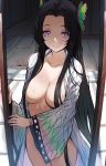  1girl black_hair breasts butterfly_hair_ornament closed_mouth collarbone commentary cowboy_shot hair_censor hair_ornament hair_over_breasts hews highres indoors japanese_clothes kimetsu_no_yaiba kimono kochou_kanae large_breasts long_hair long_sleeves looking_at_viewer naked_kimono open_clothes open_kimono purple_eyes shiny shiny_skin solo sweat thighs wide_sleeves yukata 