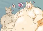  ! &lt;3 anthro belly big_belly blush canid canine canis clothed clothing duo fur holding_object love_handles male mammal moob_grab moobs navel nipples nude obese obese_anthro obese_male open_mouth overweight overweight_anthro overweight_male smile speech_bubble thought_bubble おるにうむ 