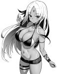  1girl azur_lane bangs bikini bikini_top blush body_markings breasts choker cleavage dark_skin facial_mark feather_hair_ornament forehead_mark greyscale highres hori_(hori_no_su) large_breasts long_hair looking_at_viewer massachusetts_(azur_lane) monochrome navel short_shorts shorts simple_background solo swimsuit white_background 