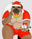  2020 9dtq0 absurd_res anthro belly blush bottomwear bulge canid canine canis christmas christmas_clothing christmas_headwear clothing domestic_dog hat headgear headwear hi_res holidays humanoid_hands kemono male mammal navel nipples overweight overweight_male santa_claus santa_hat scar shorts tokyo_afterschool_summoners video_games yasuyori 