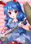  1girl animal_ears bangs blue_dress blue_hair bunny_ears cowboy_shot crescent_moon crescent_print dress eyebrows_visible_through_hair frilled_dress frills highres holding holding_mallet kine long_hair looking_at_viewer mallet moon open_mouth pink_background puffy_short_sleeves puffy_sleeves red_eyes ruu_(tksymkw) seiran_(touhou) short_sleeves smile solo standing star_(symbol) star_print striped striped_background touhou twintails 