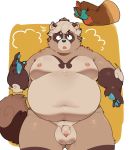  2020 absurd_res anthro balls belly big_balls brown_body brown_fur canid canine flaccid fur genitals hi_res kemono leaf male mammal moobs navel nipples paws penis quanjiang raccoon_dog solo_focus tanuki 