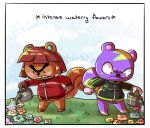  2020 angry animal_crossing anthro biped brown_body clothed clothing duo english_text flower hazel_(animal_crossing) mammal nintendo outside plant purple_body rodent sciurid static_(animal_crossing) text toaster_aaa video_games watering watering_can 