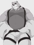  2020 anthro barazoku bulge clothing cromren hi_res kemono male mammal musclegut shirt simple_background solo topwear underwear ursid 