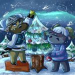  1:1 2019 animal_crossing anthro bovid bovine brown_body brown_fur cattle christmas christmas_tree clothing duo english_text fur hat headgear headwear holidays male mammal night nintendo outside plant rodeo_(animal_crossing) snow sweater text toaster_aaa topwear tree vic_(animal_crossing) video_games 