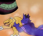  2018 agumon alfa_quinto_(artist) anthro bodily_fluids claws digimon digimon_(species) dinosaur dragon eyes_closed green_tongue licking lying markings orange_body purple_body purple_markings reptile saliva scalie sharp_teeth signature teeth toe_claws tongue tongue_out white_claws 