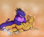  2018 after_sex agumon alfa_quinto_(artist) anthro bodily_fluids claws digimon digimon_(species) dragon eyes_closed feet happy lying open_mouth open_smile orange_body purple_body reptile scalie sharp_teeth smile spikes sweat teeth toe_claws tongue 