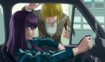  2girls alice_margatroid alternate_costume bangs blazer blonde_hair blue_jacket brown_jacket car_interior cigarette clenched_teeth closed_mouth commentary_request cookie_(touhou) eyebrows_visible_through_hair grand_theft_auto grand_theft_auto:_san_andreas hair_over_eyes highres jacket jigen_(cookie) long_hair looking_at_another megafaiarou_(talonflame_810) multiple_girls ok_sign patchouli_knowledge purple_eyes purple_hair shirt short_hair sitting smile smoking standing taisa_(cookie) teeth touhou track_suit upper_body white_shirt 