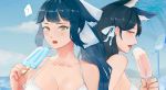  2girls ? animal_ears atago_(azur_lane) azur_lane black_hair bow breasts cleavage food highres ice_cream large_breasts long_hair looking_at_viewer multiple_girls open_mouth ponytail ribbon takao_(azur_lane) white_bow white_ribbon yellow_eyes yueguang_zhanglang 