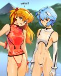  2girls adapted_costume ayanami_rei blue_eyes blue_hair bracelet breasts commentary cyberpunk day elbow_gloves english_commentary english_text gloves hand_on_hip highleg highleg_panties highleg_swimsuit interface_headset jewelry looking_at_viewer micro_panties multiple_girls navel neon_genesis_evangelion optionaltypo orange_hair panties pyramid rebuild_of_evangelion red_eyes revealing_clothes see-through small_breasts souryuu_asuka_langley suspenders swimsuit underwear upper_teeth white_gloves 