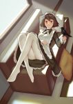  1girl a-z_(alphaomega) absurdres bird black_hair black_skirt brown_eyes couch crow day full_body highres huge_filesize indoors kansuke_(yesterday_wo_utatte) long_sleeves looking_at_viewer lying nonaka_haru on_back pillow skirt solo waitress white_legwear yesterday_wo_utatte 