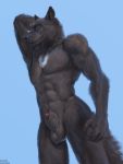  2020 3:4 5_fingers abs absurd_res anatomically_correct anatomically_correct_genitalia anatomically_correct_penis animal_genitalia animal_penis anthro areola balls bedroom_eyes biceps biped black_body black_fur black_nose blue_background blue_eyes canid canine canine_penis canis cheek_tuft claws digital_media_(artwork) facial_tuft fingers fluffy fluffy_tail fur genitals hand_behind_head hi_res jewelry looking_at_viewer male mammal markings muscular muscular_anthro muscular_male narrowed_eyes navel neck_tuft necklace nipples nude pecs pendant penis penis_tip portrait pose seductive sheath simple_background smile smirk solo sonic_wolfe text three-quarter_portrait tuft url virtyalfobo white_body white_fur white_markings wolf 