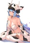  1girl animal_ears animal_print bandeau bangs bare_shoulders blue_hair blush breasts cleavage closed_mouth collarbone cow_ears cow_girl cow_hat cow_hood cow_horns cow_print detached_collar detached_sleeves draph ear_piercing fake_horns granblue_fantasy hat highleg highres hood horns koretsuki_azuma large_breasts long_hair long_sleeves looking_at_viewer micro_shorts midriff navel piercing pink_eyes pointy_ears shatola_(granblue_fantasy) short_shorts shorts sidelocks simple_background sitting smile solo stomach thighhighs thighs very_long_hair wariza white_background white_legwear white_shorts wide_sleeves yellow_eyes 