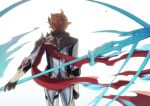  1boy black_gloves from_behind genshin_impact gloves holding holding_weapon jacket male_focus mask mask_on_head orange_hair pants polearm red_scarf scarf simple_background sio_genshin solo tartaglia_(genshin_impact) weapon white_background 