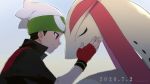  1boy beanie black_hair closed_mouth commentary_request fingerless_gloves fingernails from_side gen_3_pokemon gloves hat highres jacket male_focus milotic pokemon pokemon_(creature) pokemon_adventures red_eyes red_gloves rozu_ki ruby_(pokemon) short_sleeves smile white_headwear 