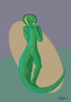  abstract_background absurd_res anthro female green_body green_scales hi_res looking_at_viewer looking_back nude rear_view reptile scales scalie signature smile smiling_at_viewer snake snake_hood solo spe standing yellow_eyes 