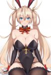  1girl akatsuki_ikki animal_ears bangs bare_shoulders black_leotard blonde_hair blue_eyes blush bradamante_(fate/grand_order) braid breasts bridal_gauntlets bunny_ears cleavage closed_mouth covered_navel crown_braid detached_collar fate/grand_order fate_(series) highleg highleg_leotard highres large_breasts leotard long_hair looking_at_viewer simple_background sitting smile thighhighs thighs very_long_hair welcome_bunny_(fate/grand_order) white_background 