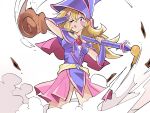  1girl blonde_hair card cowboy_shot dark_magician_girl duel_monster green_eyes hair_between_eyes hand_on_head hat highres holding holding_staff long_hair looking_at_viewer one_eye_closed open_mouth solo staff toot wizard_hat yu-gi-oh! 