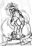  anthro black_and_white breasts canid canid_demon claws clothing demon fingers genitals hair hellhound helluva_boss inner_ear_fluff leggings legwear loona_(vivzmind) mammal mistyannevixen monochrome nipples notched_ear phone pussy sketch solo standing toe_claws torn_clothing tuft 