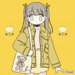  1girl bag bangs bear blush brown_hair cowboy_shot flower highres jacket long_hair long_sleeves no_nose noeru_(noellemonade) original plaid plaid_skirt pocket print_bag shoulder_bag signature skirt solo twintails yellow_background yellow_eyes yellow_jacket yellow_skirt yellow_theme 