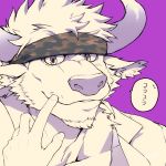  1boy animal_ears bara camouflage camouflage_headwear chest_hair close-up cow_ears cow_horns face facial_hair furry goatee hand_on_another&#039;s_face headband highres horns labcoat looking_at_viewer male_focus minotaur multiple_monochrome muscle pectorals purple_background purple_eyes purple_horns shennong_(tokyo_houkago_summoners) short_hair solo_focus speech_bubble spot_color tank_top tokyo_houkago_summoners translation_request upper_body white_hair yanai_inaya 