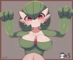  1girl absurdres arms_up artist_name bangs blush bob_cut border bottle breast_expansion breasts brown_background brown_border closed_mouth collarbone colored_skin commentary covered_nipples english_commentary engrish_commentary gardevoir gen_3_pokemon green_hair green_skin hair_between_eyes highres large_breasts looking_down milk_bottle moomoo_milk motion_lines multicolored multicolored_skin number outside_border pokemon pokemon_(creature) red_eyes ryuusui_arumo shiny shiny_hair shiny_skin short_hair signature simple_background solo sweat two-tone_skin upper_body white_skin 