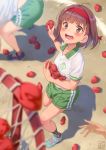  2girls :d ball_toss blurry blush bra_through_clothes brown_eyes brown_hair depth_of_field eyebrows_visible_through_hair gym_uniform hachimaki headband highres multiple_girls open_mouth original outdoors pairan see-through shadow short_hair short_shorts shorts smile solo_focus sports_festival sweat teeth 