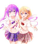  2girls :d bangs blonde_hair blush bow bowtie closed_mouth collared_shirt cowboy_shot eyebrows_visible_through_hair floating_hair flower gochuumon_wa_usagi_desu_ka? hair_between_eyes hair_flower hair_ornament hair_ribbon highres hoto_cocoa&#039;s_school_uniform index_finger_raised long_hair looking_at_viewer medium_hair miniskirt multiple_girls open_mouth plaid plaid_skirt pleated_skirt purple_eyes purple_hair purple_neckwear red_bow red_neckwear ribbon sailor_collar sailor_shirt school_uniform shiny shiny_hair shirt short_sleeves simple_background skirt smile standing striped striped_ribbon tawai twintails v very_long_hair white_background white_flower white_shirt 