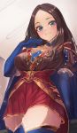  1girl absurdres bangs blue_eyes blue_gloves blue_legwear blush breasts brown_dress brown_hair closed_mouth dress elbow_gloves fate/grand_order fate_(series) forehead gloves highres huge_filesize jewelry large_breasts leonardo_da_vinci_(fate/grand_order) long_hair looking_at_viewer parted_bangs pleated_skirt puff_and_slash_sleeves puffy_short_sleeves puffy_sleeves red_skirt short_sleeves skirt smile solo thighhighs thighs you-6-11 