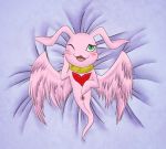  antennae_(anatomy) blush collar dakimakura_design digimon digimon_(species) feathered_wings feathers genitals lying marineangemon one_eye_closed open_mouth open_smile p.v.su pink_body pink_feathers pussy smile wings 
